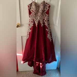 Camille La Vie Red High-Low Embroidered Corset Ball Gown